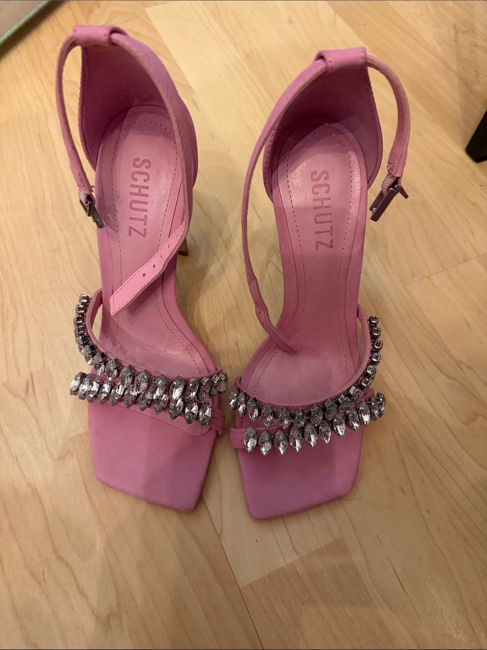 SCHUTZ Pink Crystal-Strap Square-Toe Heels